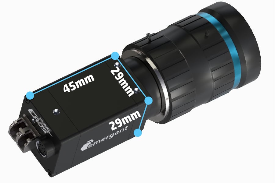 EROS 10GigE cameras have the 29 x 29 mm dimensions common to 5, 2, and 1GigE cameras.